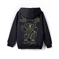 Pine Kids 100% Cotton Knit Full Sleeves Text & Bear Printed Hooded Sweatshirt With Kangaroo Pocket - Black