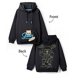 Pine Kids 100% Cotton Knit Full Sleeves Text & Bear Printed Hooded Sweatshirt With Kangaroo Pocket - Black