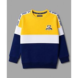 Pine Kids 100% Cotton Knit Full Sleeves Text Printed Sweatshirt - Yellow & Navy Blue