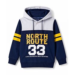 Pine Kids 100% Cotton Knit Full Sleeves Text Printed Hooded Sweatshirt - Navy Blue