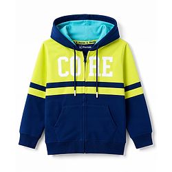 Pine Kids 100% Cotton Knit Full Sleeves Text Printed Hooded Sweatjacket With Kangaroo Pocket - Navy Blue