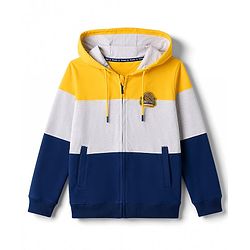 Pine Kids Cotton Knit Full Sleeves Hooded Sweat Jacket with Colour Block Design - Yellow White & Navy
