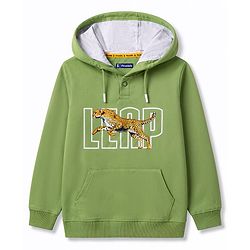 Pine Kids Cotton Knit Hooded Neck Sweatshirt with Leopard Graphic Print Green 4-5 Years