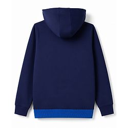 Pine Kids Cotton Knit Full Sleeves Hooded Colour Block Sweat Shirt With Athletic Print   - Navy Blue