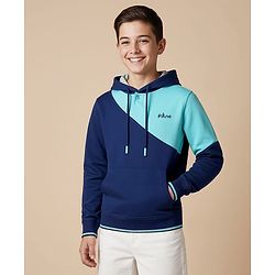 Pine Kids 100% Cotton Knit Full Sleeves Sweatshirt With Color Block Design & Kangaroo Pockets - Navy Blue
