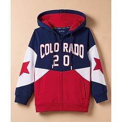 Pine Kids Cotton Knit Full Sleeves Hooded Cut & Sew Text Printed Sweat Jacket - Blue & Red
