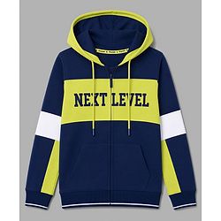 Pine Kids Cotton Knit Full Sleeves Colour Block Hooded Sweatshirt with Text Print- Navy