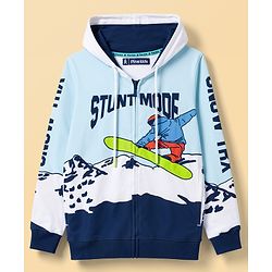 Pine Kids Cotton Knit Full Sleeves Hooded Sweat Jacket with Skating Print - Blue