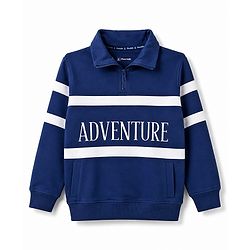 Pine Kids 100% Cotton Knit Full Sleeves Text Printed & Striped Sweatshirt - Navy Blue