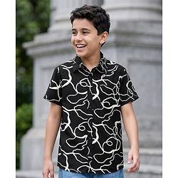 Pine Kids Cotton Woven Half Sleeves Printed Shirt - Black