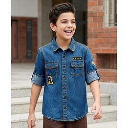 Pine Kids Cotton Woven Denim Shirt with Roll Up Sleeves and Appliques Multi Color 4-5 Years