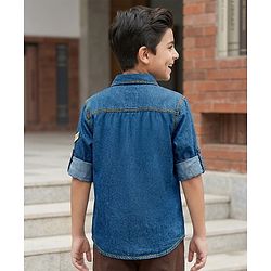 Pine Kids Cotton Woven Denim Shirt with Roll Up Sleeves and Appliques Multi Color 4-5 Years