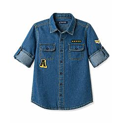Pine Kids Cotton Woven Denim Shirt with Roll Up Sleeves and Appliques Multi Color 4-5 Years