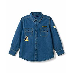 Pine Kids Cotton Woven Denim Shirt with Roll Up Sleeves and Appliques Multi Color 4-5 Years