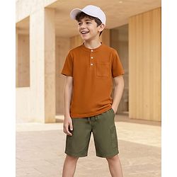 Pine Kids Cotton Knit Half Sleeves Solid T-Shirt & Shorts Set - Orange & Olive Green