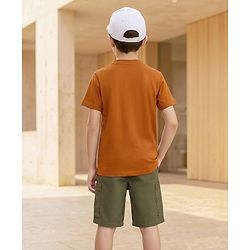 Pine Kids Cotton Knit Half Sleeves Solid T-Shirt & Shorts Set - Orange & Olive Green