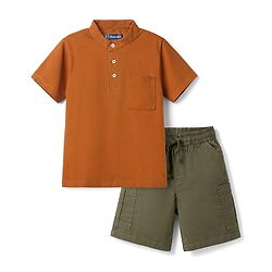 Pine Kids Cotton Knit Half Sleeves Solid T-Shirt & Shorts Set - Orange & Olive Green