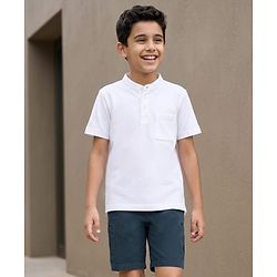 Pine Kids Cotton Knit Half Sleeves Solid T-Shirt & Shorts Set - White & Navy Blue