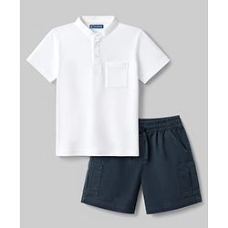Pine Kids Cotton Knit Half Sleeves Solid T-Shirt & Shorts Set - White & Navy Blue