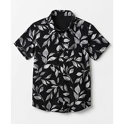 Pine Kids Cotton Woven Shirt with Half Sleeves and Leaf Print in Black