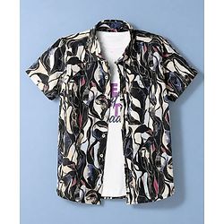 Pine Kids Cotton Woven Half Sleeves Abstract Printed Shirt With Text Printed Inner Tee - Black