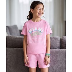 Pine Kids Cotton Knit Half Sleeves Top & Shorts Set with Miami Print - Pink