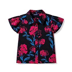Pine Kids Rayon Woven Collar Neck Shirt Style Top with Floral Print -Navy