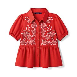 Pine Kids Woven Half Sleeves Peplum Top With Floral Embroidered Detail - Red