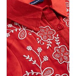 Pine Kids Woven Half Sleeves Peplum Top With Floral Embroidered Detail - Red