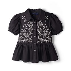 Pine Kids Rayon Woven Half Sleeves Peplum Top with Floral Embroidered Details - Black