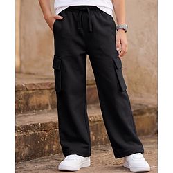 Pine Kids Cotton Knit Full Length Solid Lounge Pant With Cargo Pockets - Black