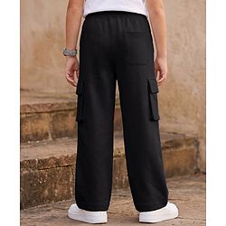 Pine Kids Cotton Knit Full Length Solid Lounge Pant With Cargo Pockets - Black