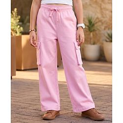 Pine Kids Cotton Knit Full Length Solid Lounge Pant With Cargo Pockets - Pink