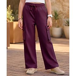 Pine Kids Cotton Knit Full Length Solid Track Pant With Cargo Pockets - Plum