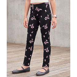 Pine Kids Cotton Lycra Knit Full Length Floral Printed Leggings With Stretch - Black