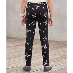 Pine Kids Cotton Lycra Knit Full Length Floral Printed Leggings With Stretch - Black