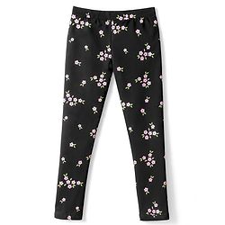 Pine Kids Cotton Lycra Knit Full Length Floral Printed Leggings With Stretch - Black