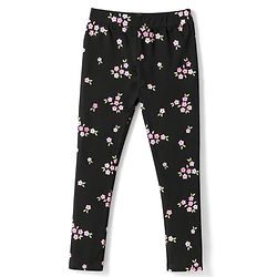 Pine Kids Cotton Lycra Knit Full Length Floral Printed Leggings With Stretch - Black