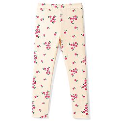 Pine Kids Cotton Lycra Knit Full Length Floral Printed Leggings With Stretch - Ivory