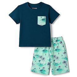 Pine Kids Cotton Knit Half Sleeves T-Shirt & Shorts Set with Tropical Theme Print - Teal Blue