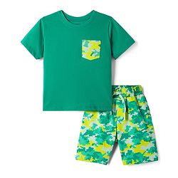 Pine Kids Cotton Knit Half Sleeves Camouflage Printed T-Shirt & Shorts Night Suit - Green