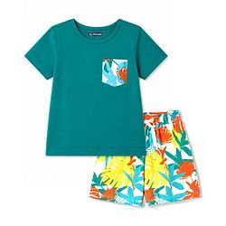 Pine Kids Cotton Knit Half Sleeves T-Shirt & Shorts Set with Tropical Theme Print - Green
