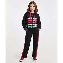 Pine Kids Looper Knit Full Sleeves Hooded Sweatshirt & Pant Winter Wear Suit With Heart Print - Black
