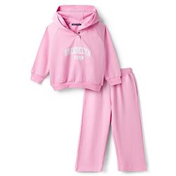Pine Kids Looper Knit Full Raglan Sleeves Text Printed Hooded Winter Wear Sweat Jacket  & Lounge Pant Set - Pink