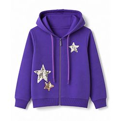 Pine Kids 100% Cotton Knit Full Sleeves Star Sequinned Hooded Sweatjacket - Purple