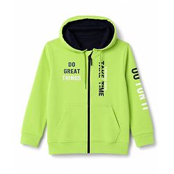 Pine Kids 100% Cotton Knit Full Sleeves Text Printed Hooded Sweatjacket With Kangaroo Pockets - Lime Green