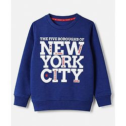 Pine Kids Cotton Mix Knit Sweatshirt with Full Sleeves and The Five Boroughs Of New York City Text Print - Navy Blue