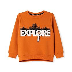 Pine Kids Cotton Mixes Knit Sweatshirt with Full Sleeves and Forest Print - Orange