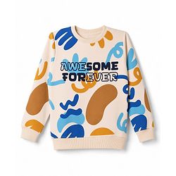 Pine Kids Knit Full Sleeves Sweatshirt with Text Print - Off White