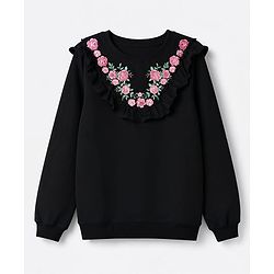 Pine Kids Cotton Knit Sweatshirt with Full Sleeves and Floral Embroidery in Black for 4-5 Years